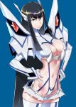  1girl bangs black_hair blue_background blue_eyes breasts cleavage elbow_gloves gloves hands_on_hips high_collar highres ippo junketsu kamui_(kill_la_kill) kill_la_kill kiryuuin_satsuki large_breasts long_hair looking_at_viewer microskirt navel revealing_clothes sidelocks simple_background skirt thick_eyebrows very_long_hair white_gloves white_legwear 