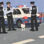  1girl 3boys arrest black_eyes bow car cat cuffs ground_vehicle handcuffs hello_kitty hello_kitty_(character) highres looking_to_the_side motor_vehicle multiple_boys police police_car red_bow woshihuyi 
