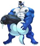  2020 abs absurd_res anthro backwards_baseball_cap ball_fondling balls baseball_cap big_balls big_muscles big_penis black_hair blue_body blue_fur bodily_fluids body_hair canid canine canis chest_hair clothing cum cursedmarked erection fondling fur genital_fluids genitals hair hands_on_balls hat headgear headwear hi_res huge_balls huge_muscles huge_penis humanoid_genitalia humanoid_penis looking_at_viewer male mammal muscular muscular_anthro muscular_male nipples nude pecs penis simple_background smile solo standing tongue tongue_out vein veiny_penis white_background wolf 