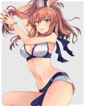  1girl armlet bikini bikini_bottom bikini_top blue_eyes breasts brown_hair cowboy_shot hair_between_eyes hair_ornament kantai_collection kasumi_(skchkko) large_breasts ponytail saratoga_(kantai_collection) side_ponytail sidelocks smokestack swimsuit white_bikini 