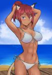  1girl adriana_visconti animal_ears armpits arms_up beach bikini blue_eyes blush bookmarkahead breasts cat_ears cat_tail closed_mouth collarbone eyebrows_visible_through_hair groin highres large_breasts looking_at_viewer navel ocean outdoors red_hair shiny shiny_hair side-tie_bikini sky smile solo standing strike_witches sweat swimsuit swimwear tail world_witches_series 