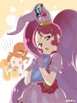  2girls animal_ears brown_hair bunny_ears cure_custard cure_whip dark_persona dress earrings error food_themed_hair_ornament hair_ornament holding humagear_headphones jewelry kamen_rider kamen_rider_01_(series) kirakira_precure_a_la_mode large_twintail magical_girl miayama_karen multiple_girls pink_hair precure seiyuu_connection strawberry_hair_ornament twintails yuuzii 