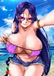 1girl absurdres armlet bangs bare_shoulders beach beads bikini blue_eyes blue_hair blue_shorts blue_sky blush breasts cleavage closed_mouth collarbone denim denim_shorts eyepatch_bikini fate/grand_order fate_(series) foxy_rain hair_ornament highres large_breasts leaning_forward licking_lips long_hair looking_at_viewer low-tied_long_hair minamoto_no_raikou_(fate/grand_order) minamoto_no_raikou_(swimsuit_lancer)_(fate) navel ocean outstretched_arm parted_bangs photoshop_(medium) purple_eyes purple_hair shore short_shorts shorts sky smile sun sunglasses sunlight swimsuit thighs tongue tongue_out very_long_hair wet 