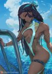  1girl black_hair blue_eyes blue_hair breasts cutesexyrobutts dark_skin highres multicolored_hair one-piece_swimsuit pokemon pokemon_(game) pokemon_swsh pool poolside rurina_(pokemon) solo swimsuit thick_thighs thighs water 