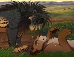  2020 4_toes black_hair blue_eyes claws day detailed_background digital_media_(artwork) felid grass hair lion lying male mammal on_back outside pantherine paws sky smile standing toes x-zelfa 