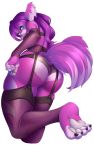  10:16 2016 absurd_res anthro breasts butt canid clothing cybernetic_eye female fur garter_straps green_eyes hair hi_res legwear lingerie low-angle_view mammal pink_body pink_fur pink_hair pink_nose simple_background smile solo son_ofa_jay stockings underwear white_background 