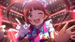  1girl :d arena badge blue_scrunchie blush brown_hair button_badge glint glowstick hair_ornament hair_scrunchie idolmaster idolmaster_million_live! idolmaster_million_live!_theater_days indoors long_hair looking_at_viewer matsuda_arisa necktie official_art open_mouth pink_neckwear pose scrunchie short_sleeves smile solo_focus stage_lights star_(symbol) star_hair_ornament sweat twintails upper_body wristband 