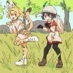  2girls :3 animal_ears bangs blonde_hair boots bow bowtie cat_ears cat_tail gloves hair_between_eyes highres kaban_(kemono_friends) kemono_friends leggings md5_mismatch multiple_girls open_mouth paw_pose savannah serval_(kemono_friends) smile tail 
