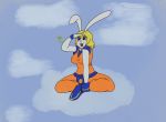  anthro blonde_hair blue_boots carrot_(one_piece) clothed clothing cloudscape dragon_ball dragon_ball_z female flying_nimbus fur goku hair hi_res hiro-vol lagomorph leporid mammal minkmen_(one_piece) one_piece orange_clothing rabbit sitting sky solo white_body white_fur wristband 