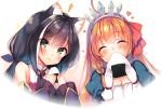  2girls animal_ears black_hair blush bow breasts cat_smile catgirl cleavage close food gloves green_eyes headdress karyl long_hair orange_hair pecorine princess_connect! sazaki_ichiri sketch twintails white 