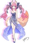  2017 animal_humanoid breasts canid canid_humanoid canine canine_humanoid caster_tamamo-no-mae cleavage clothed clothing dress fate_(series) female footwear fox_humanoid hair hi_res humanoid inner_ear_fluff looking_at_viewer mammal mammal_humanoid pigtails pink_hair shoes simple_background smile solo tuft walking white_background wisespeak 