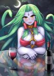  1girl :d alcohol bangs bottle breasts choker cloud commission crescent_moon cup echidna_(monster_girl_encyclopedia) english_commentary facial_mark forehead_mark glass_table green_hair highres kuronekozero lamia large_breasts long_hair looking_at_viewer monster_girl monster_girl_encyclopedia moon navel night open_mouth parted_lips pointy_ears pov purple_skin sky slit_pupils smile snake snake_hair solo table tail tattoo tongue wine yellow_eyes 