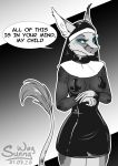  anthro artwork_(digital) big_ears breasts clothing costume curvy_figure cute_face dialogue digital_drawing_(artwork) digital_media_(artwork) english_text female glowing glowing_eyes hi_res monochrome nun patreon_reward pinup pose rubber simple_background sketch solo sunny_way text 