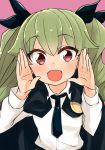  1girl absurdres anchovy_(girls_und_panzer) anzio_school_uniform bangs barashiya cape cupping_hands drill_hair eyebrows_visible_through_hair girls_und_panzer green_hair hair_ribbon highres long_hair looking_at_viewer necktie open_mouth red_eyes ribbon school_uniform twin_drills twintails 