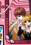  1boy 1girl 2pineapplepizza \m/ amane_misa bangs blonde_hair brown_hair cellphone choker death_note eyebrows_visible_through_hair fingers_together flip_phone green_eyes highres korean_commentary mirror phone school_uniform self_shot spiked_choker spikes v-shaped_eyebrows yagami_light 