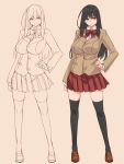  1girl beige_background black_hair black_legwear blush bow brown_footwear character_sheet closed_mouth eyebrows_visible_through_hair fingernails hand_on_hip hayama_kazusa highres long_hair original purple_eyes red_bow red_neckwear red_skirt school_uniform simple_background sketch skirt sleeves_past_wrists smile solo standing thighhighs uniform 