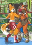  2017 2_tails anthro badger bangs black_nose blue_eyes boots boxing_gloves boxing_shorts boxing_trunks brown_highlights canid canine clothed clothing dcheese dipstick_tail duo female fighting_ring footwear fox fur hair_tied handwear hi_res highlights_(coloring) jewelry jungle loincloth male mammal miles_prower mismatched_footwear multi_tail multicolored_tail mustelid musteline necklace nipples orange_body orange_fur red_boots red_clothing sonic_boom sonic_the_hedgehog_(series) sport sticks_the_jungle_badger topless traditional_media_(artwork) uppercut white_body white_fur yellow_body yellow_fur 