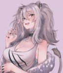  1girl ada_hams ahoge animal_ears bangs bare_shoulders black_nails blush breasts choker cleavage cosplay earrings eyebrows_visible_through_hair fur-trimmed_jacket fur_trim grey_eyes grey_hair hair_between_eyes hand_up highres hololive jacket jewelry large_breasts lion_ears lion_girl long_hair looking_at_viewer off_shoulder open_mouth shishiro_botan siege_(arknights) siege_(arknights)_(cosplay) solo sweatdrop tail tank_top virtual_youtuber 