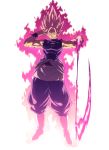  1boy abs aura baggy_pants black_pants black_shirt boots clenched_teeth clothes_down dragon_ball dragon_ball_super earrings energy_sword evil_grin evil_smile fingernails full_body gokuu_black grin hand_on_own_face hands_up highres holding holding_weapon jewelry legs_apart looking_at_viewer male_focus muscle official_style pants pectorals pink_hair pink_theme potara_earrings ring scythe shaded_face shirt simple_background smile solo spiked_hair standing super_saiyan super_saiyan_rose sword tasaka_shinnosuke taut_clothes taut_shirt teeth torn_clothes torn_shirt weapon white_background white_footwear wristband 