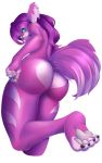  10:16 2016 absurd_res anthro breasts butt canid cybernetic_eye female fur green_eyes hair hi_res low-angle_view mammal nude pink_body pink_fur pink_hair pink_nose simple_background smile solo son_ofa_jay white_background 