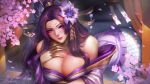  accessory big_breasts blush breasts cassiopeia_(lol) cleavage clothed clothing female flower flower_in_hair hair hair_accessory lamia league_of_legends long_hair looking_at_viewer plant purple_eyes purple_hair reptile riot_games scalie serpentine snake solo video_games windwalker 