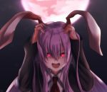  1girl absurdres animal_ears bangs blazer blouse bunny_ears buttons collared_blouse crying full_moon glowing glowing_eyes highres jacket lavender_hair long_hair moon necktie night purple_hair red_eyes red_moon red_neckwear reisen_udongein_inaba scared screaming shiranui_(wasuresateraito) solo tears touhou very_long_hair white_blouse wide-eyed 