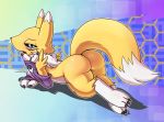  ambiguous_gender black_sclera blue_eyes butt canid canine claws clothing digimon digimon_(species) feral fox fur gloves handwear hi_res lkiws looking_at_viewer looking_back mammal multicolored_body multicolored_fur open_mouth rear_view renamon simple_background solo tongue tongue_out tuft two_tone_body two_tone_fur white_body white_fur yellow_body yellow_fur 