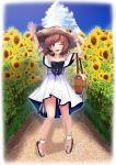  1girl alternate_costume blue_sky brown_eyes brown_hair day dress field fire_maxs flower flower_field full_body hat highres kantai_collection outdoors short_hair sky solo speaking_tube_headset straw_hat sun_hat sundress sunflower torpedo two-sided_fabric white_dress yellow_flower yukikaze_(kantai_collection) 