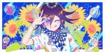  1boy :q blue_background border bracelet bubble buttons chain checkered checkered_scarf colorful danganronpa flipped_hair flower gleam highres jewelry male_focus marble merocake nail_polish new_danganronpa_v3 one_eye_closed ouma_kokichi purple_eyes purple_hair ramune scarf shirt short_hair short_sleeves signature splashing sunflower tongue tongue_out upper_body white_border white_shirt windowboxed 