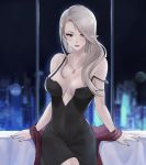  1girl asymmetrical_hair bare_shoulders black_dress blonde_hair blush breasts breasts_apart center_opening covered_navel dress highres indoors jewelry lips makeup night niijima_sae no_bra off_shoulder pale_skin pendant persona persona_5 solo spaghetti_strap the_kingduke window 