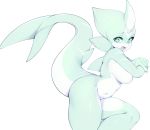  1girl borrowed_character breasts commentary english_commentary furry green_eyes highres large_breasts looking_at_viewer navel nue open_mouth original shark_tail sharp_teeth simple_background slugbox solo tail teeth thighs white_background 