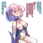  1girl areola_slip areolae azur_lane blush braid braided_bangs breasts cleavage cross cross_necklace cutout_above_navel dress french_flag jewelry large_breasts multicolored_hair nanaken_nana necklace nose_blush parted_lips pink_eyes pink_hair short_dress short_hair simple_background solo streaked_hair tartu_(azur_lane) thighhighs translation_request vichya_dominion_(emblem) white_background white_legwear 