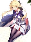  1girl artoria_pendragon_(all) artoria_pendragon_(caster) bangs black_legwear blonde_hair blush breasts capelet dress eyebrows_visible_through_hair fate/grand_order fate_(series) floating_hair gloves green_eyes hair_between_eyes hair_ribbon hand_up highres legs_together long_hair long_sleeves looking_at_viewer multicolored_capelet pantyhose ribbon ririko_(zhuoyandesailaer) sidelocks sitting smile solo twintails wind 