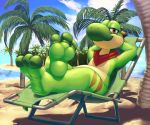 2020 3_toes ambiguous_gender barefoot beach blockman3_(artist) chair cloud day detailed_background dinosaur feet foot_focus furniture green_yoshi half-closed_eyes hindpaw mario_bros mostly_nude narrowed_eyes nintendo palm_tree paws reptile sand scalie scarf seaside smile soles solo toes tree video_games water yoshi 