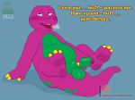  ahegao ahegao_face anthro balls barney_and_friends barney_the_dinosaur blush dinosaur english_text erection foreskin genitals humor looking_pleasured looking_up lying male multicolored_body on_back overweight overweight_anthro overweight_male penis penis_grab reptile scalie shadowpelt simple_background solo solo_focus spots text tongue tongue_out 