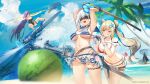  4girls :q a6m_zero_(ash_arms) alternate_costume ash_arms beach bikini black_swimsuit blindfold blonde_hair blurry blurry_foreground blush breasts cleavage cloud commentary_request day depth_of_field detached_collar double_bun f4u-1_corsair_(ash_arms) flower food fruit fw190_(ash_arms) groin hair_flower hair_ornament hair_ribbon highleg highleg_bikini highres holding holding_weapon long_hair multiple_girls navel official_art open_mouth outdoors p-61a_black_widow_(ash_arms) palm_tree pink_eyes purple_hair red_bikini ribbon riding sailor_collar see-through short_hair silver_hair siqi_(miharuu) skindentation skirt sky smile starfish_hair_ornament striped striped_bikini suikawari summer swimsuit thigh_strap thighs tongue tongue_out tree twintails untying watermelon waves weapon 
