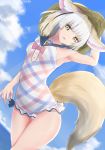  absurdres animal_ears arm_up armpits bangs bare_arms bare_shoulders blonde_hair brown_hair day dutch_angle extra_ears fennec_(kemono_friends) fox_ears fox_girl fox_tail frilled_swimsuit frills gradient_hair hand_on_headwear hat highres horizon jewelry kemono_friends looking_at_viewer medium_hair mine_tsukasa multicolored_hair ocean one-piece_swimsuit outdoors parted_lips pendant pinky_out straw_hat swimsuit tail water white_hair yellow_eyes 