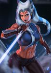  1girl abs ahsoka_tano alien blue_eyes blue_sports_bra breasts brown_gloves clenched_hands dandon_fuga dual_wielding elbow_gloves energy_sword fingerless_gloves gloves headpiece highres holding jedi jedi_knight lightsaber lipstick looking_at_viewer makeup md5_mismatch navel orange_skin pants purple_lipstick reverse_grip smile sports_bra star_wars star_wars:_the_clone_wars sword tentacle_hair thick_thighs thighs tight tight_pants togruta toned vambraces weapon 