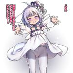  1girl antenna_hair azur_lane bangs blush cameltoe cowboy_shot dress eyebrows_visible_through_hair fake_wings lace-trimmed_headwear little_illustrious_(azur_lane) looking_at_viewer low_twintails nanaken_nana nose_blush open_mouth outstretched_arms pantyhose purple_eyes reaching_out see-through_sleeves silver_hair solo sparkle translation_request twintails upskirt white_dress white_headwear white_legwear wings 