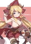  1girl bandeau bangs blonde_hair blue_eyes blush boots breasts character_name cleavage draph gazacy_(dai) granblue_fantasy grin hair_ribbon hallessena hat highres holding holding_weapon horns large_breasts long_hair low_twintails miniskirt plaid plaid_skirt pointy_ears red_headwear red_skirt ribbon sidelocks simple_background skirt sleeveless smile solo thigh_boots thighhighs twintails two-tone_background weapon 