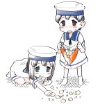  :t bag black_hair blue_eyes blush brown_eyes chips commentary_request daitou_(kantai_collection) dress eating eyebrows_visible_through_hair food full_body harukaze_unipo hat hiburi_(kantai_collection) holding holding_bag kantai_collection kneeling open_mouth ponytail potato_chips sailor_collar sailor_dress sailor_hat short_hair short_ponytail short_sleeves simple_background socks standing sweat white_background white_footwear white_headwear 
