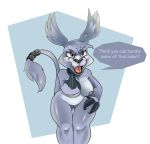  anthro beckoning breasts claws digimon digimon_(species) english_text female gazimon genitals gesture pussy simple_background solo taunting text zody300 