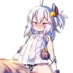  1boy 1girl ahoge azur_lane bangs black_panties blush bow breasts closed_mouth clothed_female_nude_male cum cum_in_pussy dress ejaculation eyebrows_visible_through_hair gloves hetero nanaken_nana nose_blush nude one_side_up overflow panties purple_eyes sex short_dress silver_hair simple_background small_breasts smile strapless strapless_dress underwear universal_bullin_(azur_lane) white_background white_gloves yellow_bow 