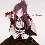  1girl alternate_costume anniversary black_ribbon cup earrings flower gloves gothic_lolita grey_background hand_in_hair highres holding holding_cup jewelry lolita_fashion long_hair long_pointy_ears macross macross_delta mirage_farina_jenius osatsu_a pointy_ears purple_hair red_flower red_gloves red_rose ribbon rose short_ponytail solo tied_hair uta_macross_sumaho_deculture 