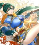  arrow_(projectile) blurry bow_(weapon) clenched_teeth delsaber depth_of_field earrings fingerless_gloves fire_emblem fire_emblem:_the_blazing_blade fire_emblem_heroes fur_trim gloves green_eyes green_hair highres jewelry long_hair looking_at_viewer lyn_(fire_emblem) necklace ponytail quiver rope_belt teeth thighs weapon 