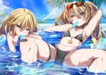  2girls arm_behind_head armpits azur_lane bache_(azur_lane) bangs bare_shoulders bikini black_bikini blonde_hair blue_eyes blue_sky blush bowl breasts cloud collarbone commentary_request day eyebrows_visible_through_hair eyewear_on_head food food_in_mouth groin hair_between_eyes heart heart-shaped_pupils highres horizon long_hair looking_at_viewer midriff multiple_girls navel ocean outdoors palm_leaf partially_submerged popsicle pubic_tattoo purple_eyes shimofuji_jun sidelocks sitting sky small_breasts smalley_(azur_lane) summer sunglasses sunlight sweat swimsuit symbol-shaped_pupils tattoo thigh_strap two_side_up wading_pool water 