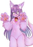  2020 absurd_res after_transformation anthro bell bell_collar blush canid collar collar_only corin emale female fur genitals hair hi_res mammal navel nipples open_mouth pawpads purple_body purple_fur purple_hair pussy simple_background solo surprise white_background 