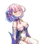  1girl areola_slip areolae azur_lane blush braid braided_bangs breasts cleavage cross cross_necklace cum cum_on_body cum_on_breasts cum_on_clothes cum_on_hair cum_on_upper_body cutout_above_navel dress facial french_flag jewelry large_breasts multicolored_hair nanaken_nana necklace nose_blush parted_lips pink_eyes pink_hair short_dress short_hair simple_background solo streaked_hair tartu_(azur_lane) thighhighs vichya_dominion_(emblem) white_background white_legwear 