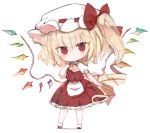  1girl :o ascot bangs blonde_hair bow brown_neckwear chibi commentary crystal flandre_scarlet full_body hair_between_eyes hat hat_bow kotatu_(akaki01aoki00) long_hair looking_at_viewer mob_cap one_side_up parted_lips pleated_skirt puffy_short_sleeves puffy_sleeves red_bow red_eyes red_skirt red_vest ringlets shadow shirt short_sleeves skirt solo standing touhou very_long_hair vest white_background white_headwear white_shirt wings 