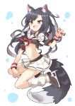  1girl animal_ear_fluff animal_ears azur_lane bangs black_hair blush bra breasts brown_footwear claw_pose cleavage eyebrows_visible_through_hair fang full_body gazacy_(dai) highres loafers long_hair loose_socks medium_breasts midriff nail_polish open_mouth pleated_skirt red_eyes red_nails red_neckwear sailor_collar shigure_(azur_lane) shoes short_sleeves simple_background skirt solo sweatband tail two-tone_background underwear white_legwear white_skirt wolf_ears wolf_tail 